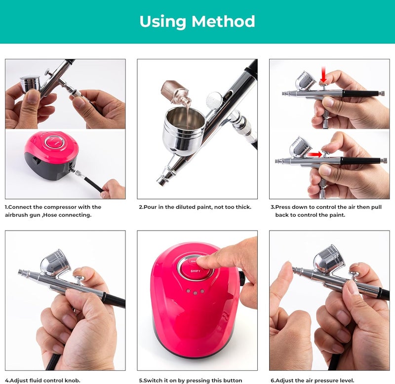 MDBTTOOLS Airbrush Kit with Compressor, 25 PSI, 0.3mm Nozzle, Air brush Gun Set for Nails Art, Cakes,Makeup, Painting, Cookie, Clothes, Paint, Cleaning Machine (ACK-BT19) - Image 3